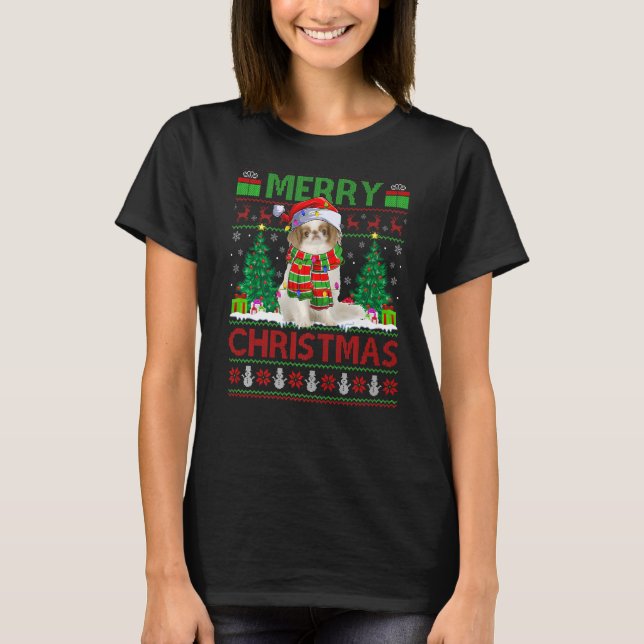 Xmas Tree Lights Ugly Santa Japanese Chin Dog Chri T-Shirt (Front)