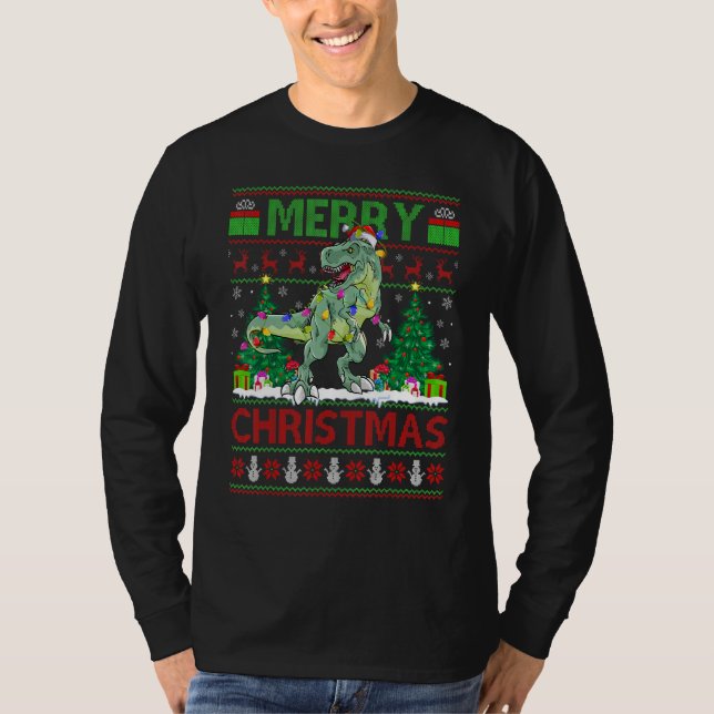 Xmas Tree Lights Ugly Santa Spinosaurus Dinosaur C T-Shirt (Front)