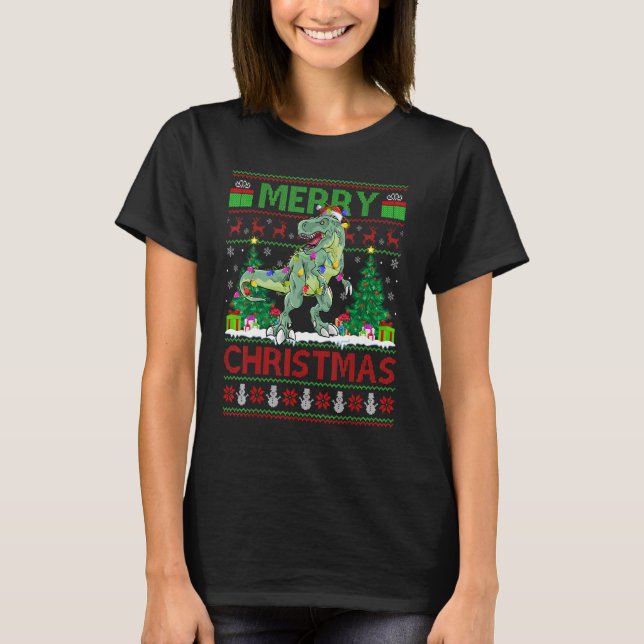 Xmas Tree Lights Ugly Santa Spinosaurus Dinosaur C T-Shirt (Front)