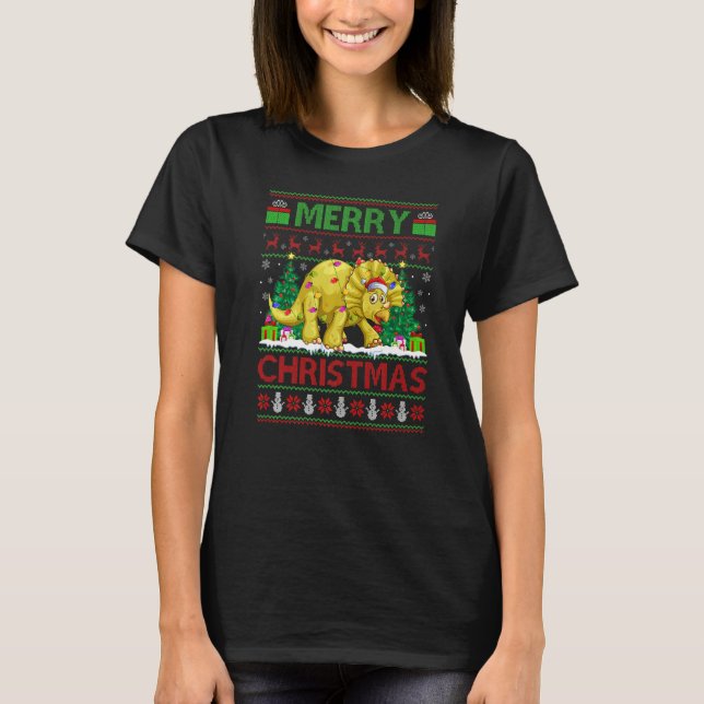 Xmas Tree Lights Ugly Santa Triceratops Dinosaur C T-Shirt (Front)
