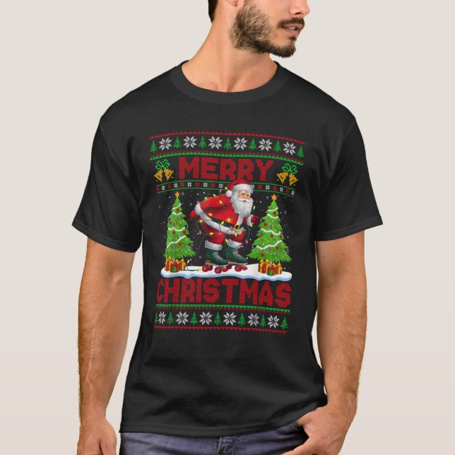 Xmas Tree Lights Ugly Style Santa Roller Skating C T-Shirt (Front)