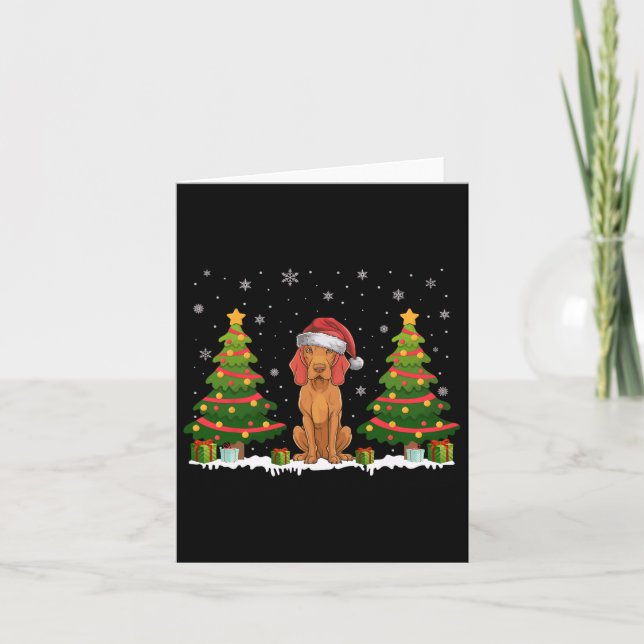 Xmas Tree Lights Vizsla Dog Santa Hat Christmas Sw Card (Front)