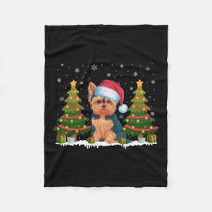 Xmas Tree Lights Yorkie Dog Santa Hat Christmas Sw Fleece Blanket