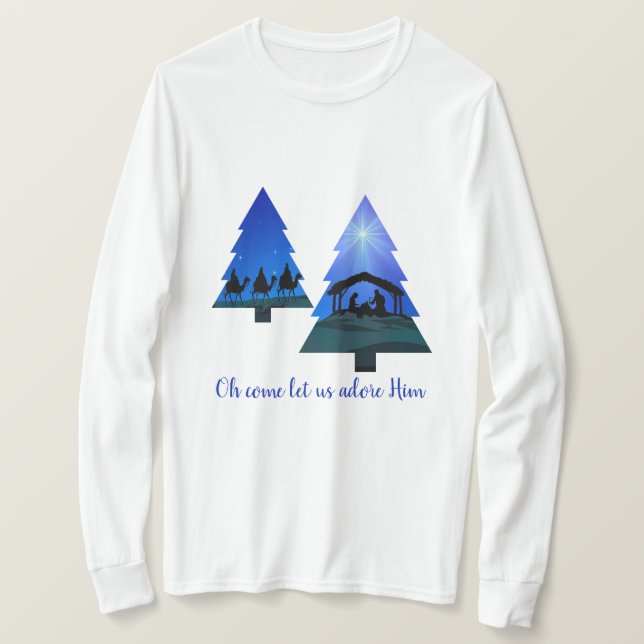 Xmas Tree Nativity: Oh come let us adore Him T-Shirt (Design Front)