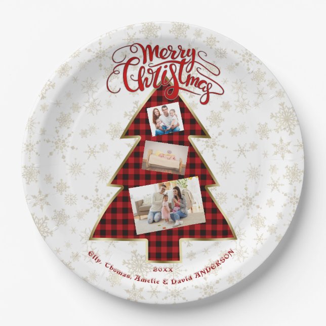 Xmas Tree Red Buffalo Gold Merry Christmas Photo Paper Plates (Front)