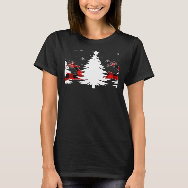 Xmas Tree Red Buffalo Plaid Reindeer Merry Christm T-Shirt (Front)