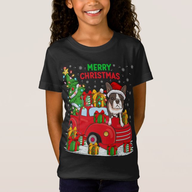 Xmas Tree Red Truck Lighting Boston Terrier Dog Ch T-Shirt (Front)