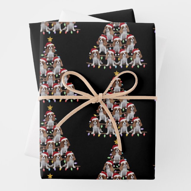 Xmas Tree Santa Cavalier King Charles Spaniel Dog  Wrapping Paper Sheets (In situ)