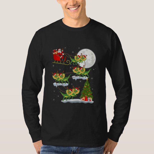 Xmas Tree Santa Riding Dilophosaurus Dinosaur T-Shirt (Front)
