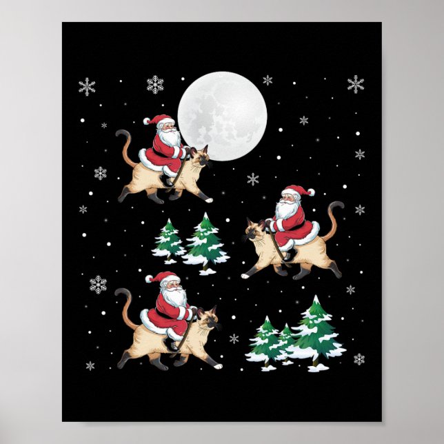 Xmas Tree Santa Riding Siamese Cat Funny Christmas Poster (Front)