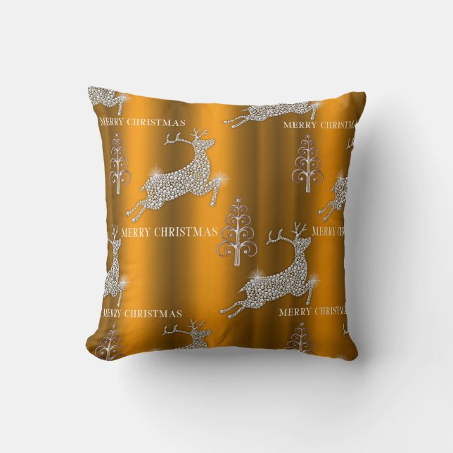 Xmas Trees and Diamond Reindeer Gold Christmas Throw Pillow (Front)