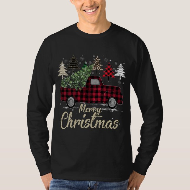 Xmas Trees Red Truck Buffalo Plaid T-Shirt (Front)