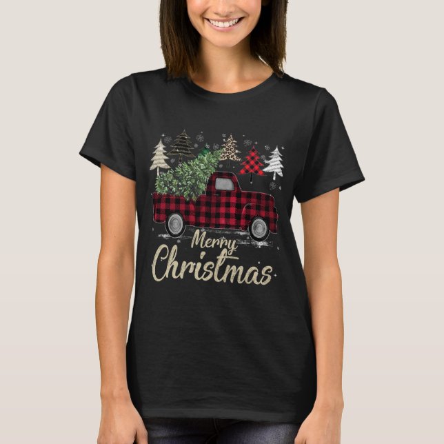 Xmas Trees Red Truck Buffalo Plaid T-Shirt (Front)