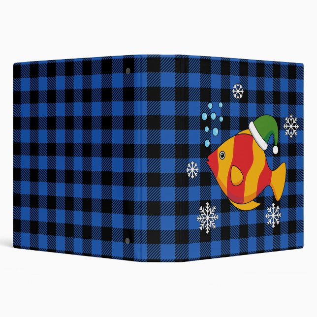 Xmas Tropical Fish Cartoon on Blue Buffalo Pattern 3 Ring Binder (Background)