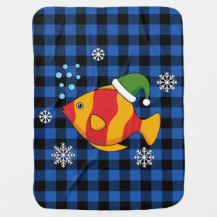 Xmas Tropical Fish Cartoon on Blue Buffalo Pattern Baby Blanket