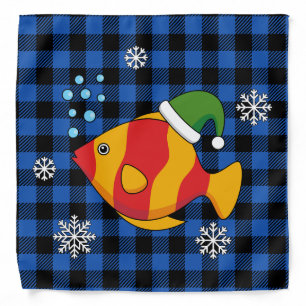 Xmas Tropical Fish Cartoon on Blue Buffalo Pattern Bandana
