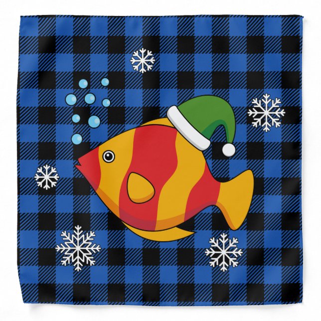 Xmas Tropical Fish Cartoon on Blue Buffalo Pattern Bandana (Front)