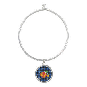 Xmas Tropical Fish Cartoon on Blue Buffalo Pattern Bangle Bracelet