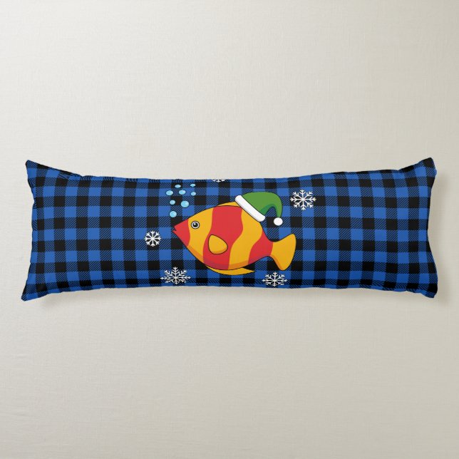 Xmas Tropical Fish Cartoon on Blue Buffalo Pattern Body Pillow (Front)