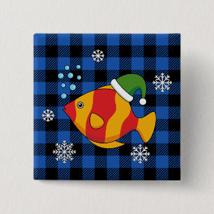 Xmas Tropical Fish Cartoon on Blue Buffalo Pattern Button