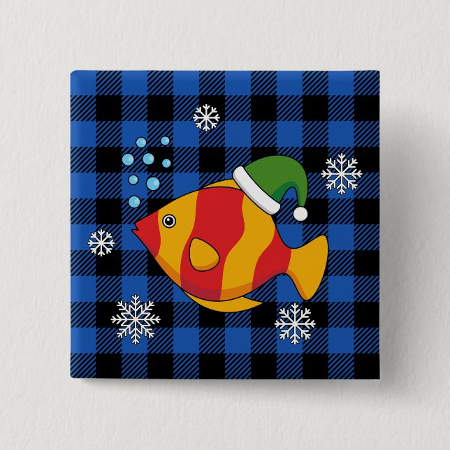 Xmas Tropical Fish Cartoon on Blue Buffalo Pattern Button (Front)