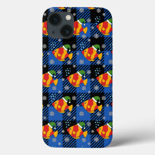 Xmas Tropical Fish Cartoon on Blue Buffalo Pattern iPhone 13 Case