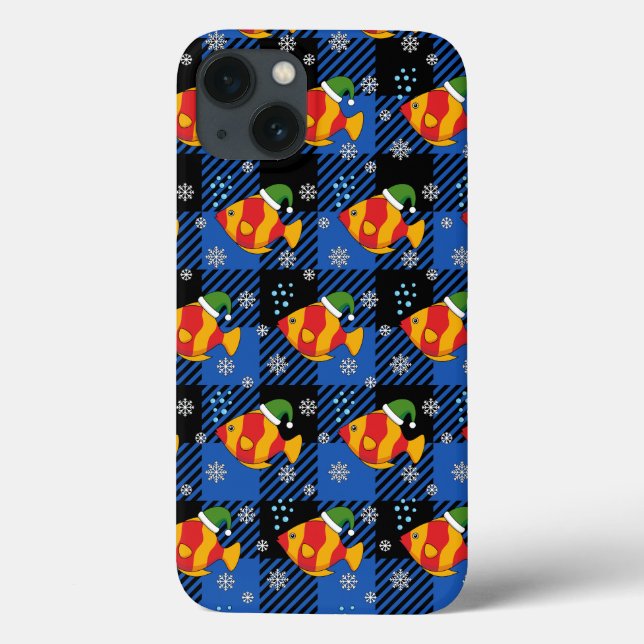 Xmas Tropical Fish Cartoon on Blue Buffalo Pattern Case-Mate iPhone Case (Back)