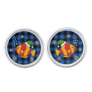 Xmas Tropical Fish Cartoon on Blue Buffalo Pattern Cufflinks