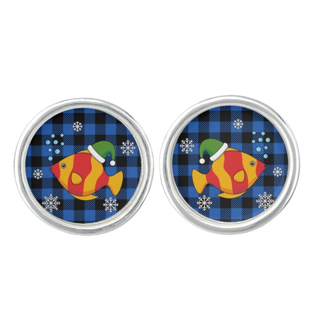 Xmas Tropical Fish Cartoon on Blue Buffalo Pattern Cufflinks (Front)