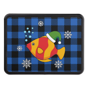 Xmas Tropical Fish Cartoon on Blue Buffalo Pattern Hitch Cover