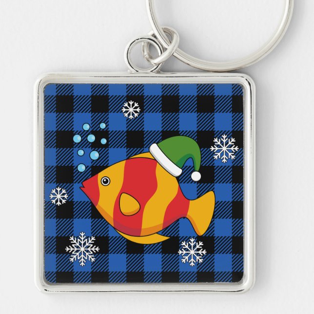 Xmas Tropical Fish Cartoon on Blue Buffalo Pattern Keychain (Front)