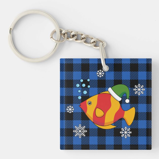 Xmas Tropical Fish Cartoon on Blue Buffalo Pattern Keychain (Front)