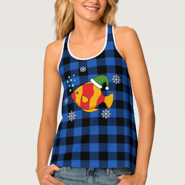 Xmas Tropical Fish Cartoon on Blue Buffalo Pattern Tank Top (Front)