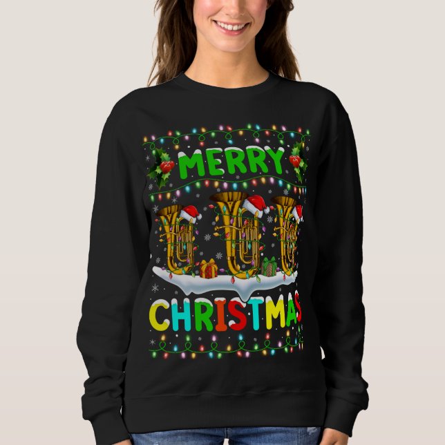 Xmas Tuba Lighting Santa Hat Merry Christmas Tuba Sweatshirt (Front)