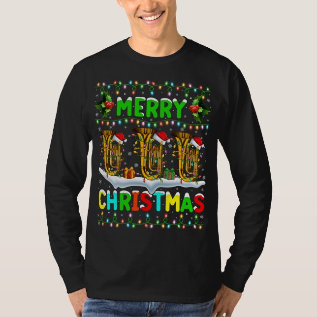 Xmas Tuba Lighting Santa Hat Merry Christmas Tuba T-Shirt (Front)