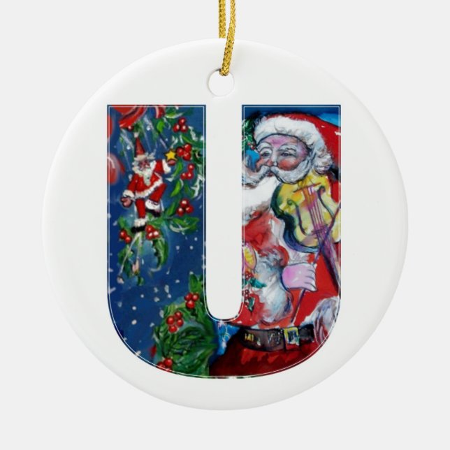 XMAS U LETTER /SANTA  CLAUS WITH VIOLIN MONOGRAM CERAMIC ORNAMENT (Front)