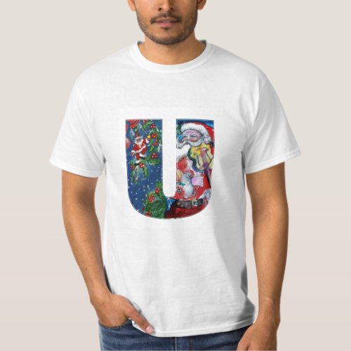 XMAS U LETTER SANTA  CLAUS WITH VIOLIN MONOGRAM T_Shirt