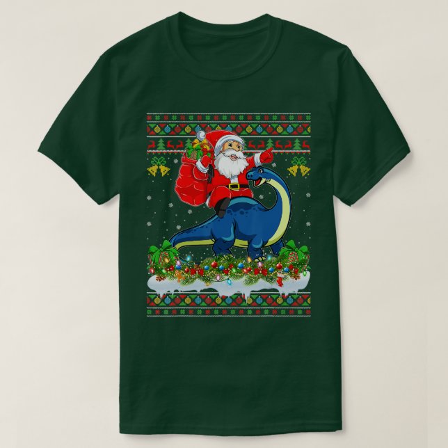 Xmas Ugly Santa Riding Brontosaurus Dinosaur Chris T-Shirt (Design Front)