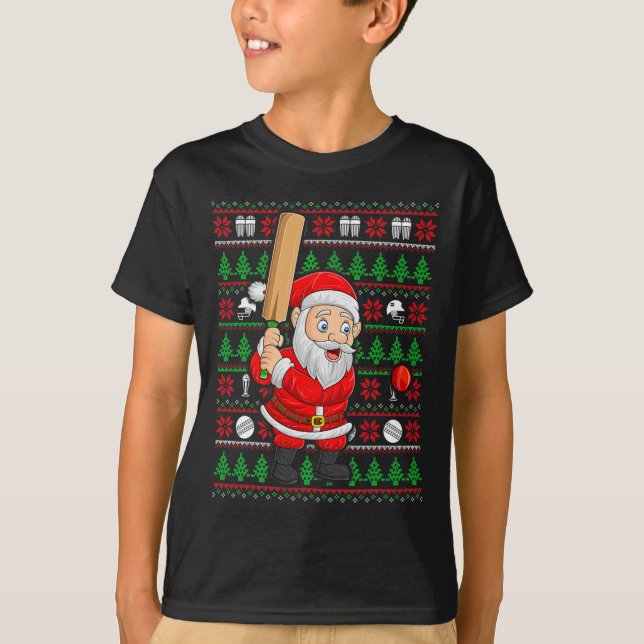 Xmas Ugly Sweater Style Santa Playing Cricket Chri (Front)