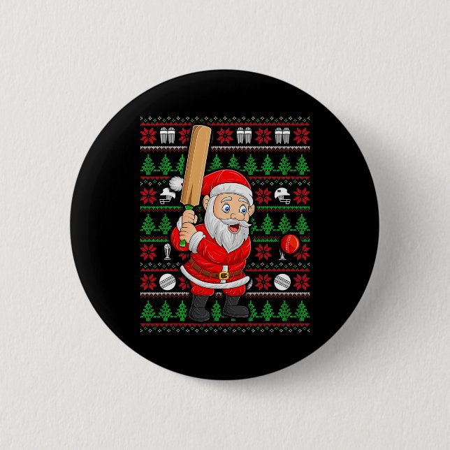 Xmas Ugly Sweater Style Santa Playing Cricket Chri Button (Front)