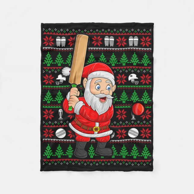Xmas Ugly Sweater Style Santa Playing Cricket Chri Fleece Blanket (Front)