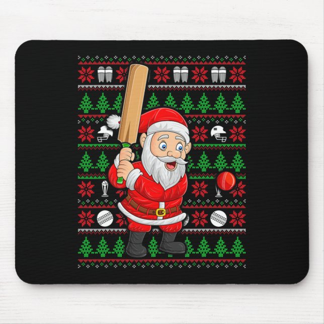 Xmas Ugly Sweater Style Santa Playing Cricket Chri Mouse Pad (Front)