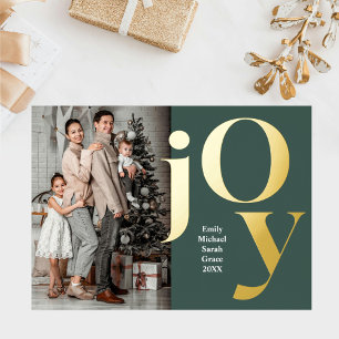 Xmas Vertical Family Photo Names Joy Green Gold Foil Holiday Card