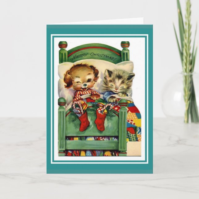 Xmas Vintage Card Merry Christmas Kitten Dog (Front)