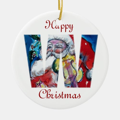 XMAS W LETTER SANTA  CLAUS WITH VIOLIN MONOGRAM CERAMIC ORNAMENT