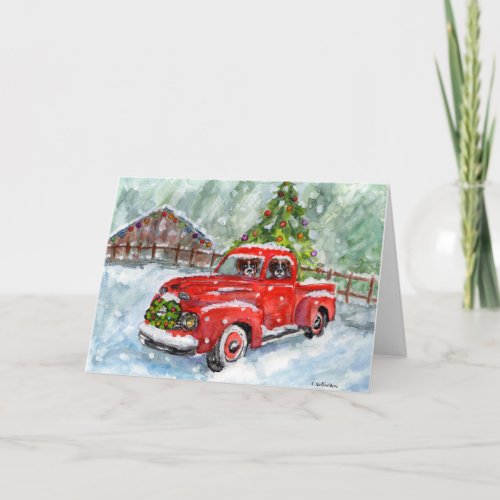 Xmas watercolor painting 2 Boxers red truck snow Card