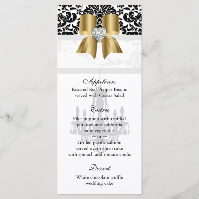 Xmas Wedding Menu Cards Chandelier Black Gold (Front)
