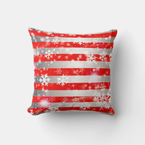 Xmas White Snowflakes On Red and Silver Stripes Throw Pillow