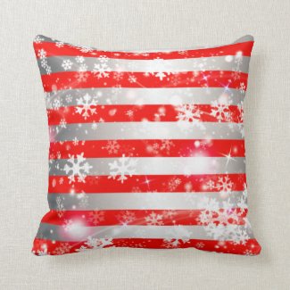 Xmas White Snowflakes On Red and Silver Stripes Throw Pillow