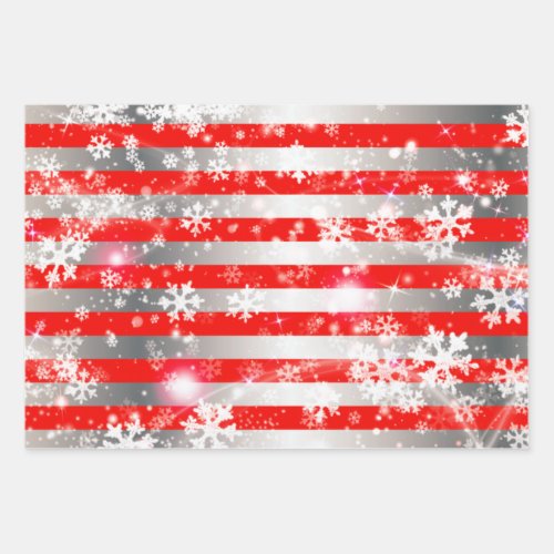 Xmas White Snowflakes On Red and Silver Stripes Wrapping Paper Sheets